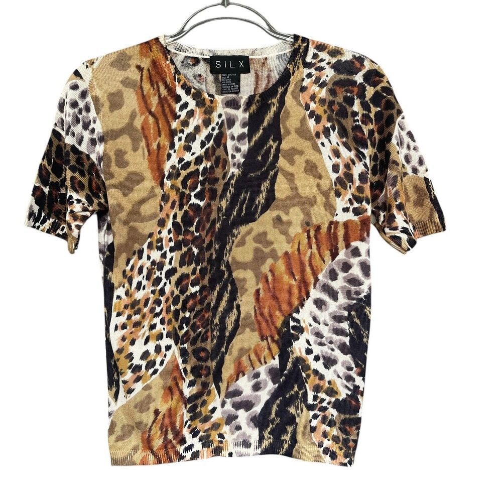 Silx Womens Animal Print‎ Sweater Medium 100% Silk Short Sleeve Multicolor